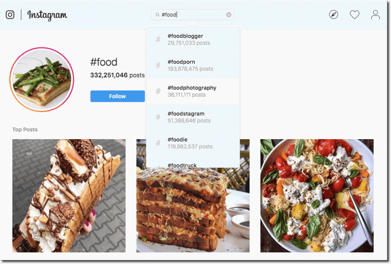 Screenshot of food hashtags on Instagram. The hashtag "food" has over 330 million posts.