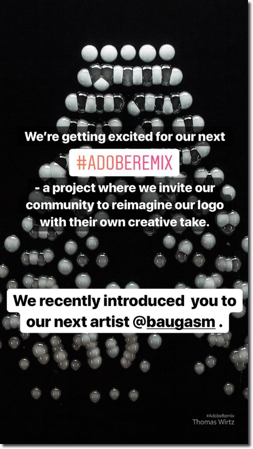 Screenshot of an Instagram Story by Adobe, announcing their hashtag Adobe Remix project for artists to mix up the Adobe logo.