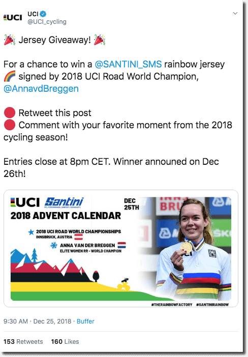 Screenshot of a Twitter giveaway by a cycling brand. The caption invites users to retweet and reply with their favorite moment from the 2018 cycling season, for the chance to win a jersey signed by Anna van der Breggen.