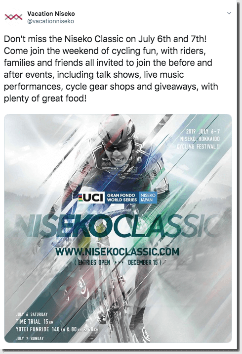 Screenshot of a Twitter post announcing the Niseko Classic, a week of festival events for cycling enthusiasts.