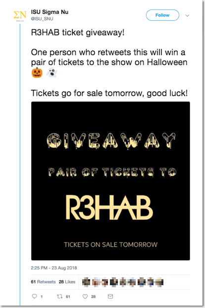 halloween giveaway ideas. Example of a Halloween giveaway on social media: this brand is offering tickets to a Halloween show.