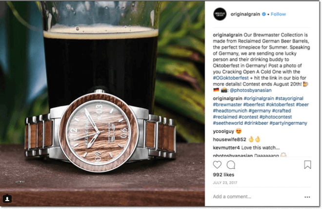 oktoberfest promotion: oktoberfest instagram giveaway. image of dark beer with a brown watch.