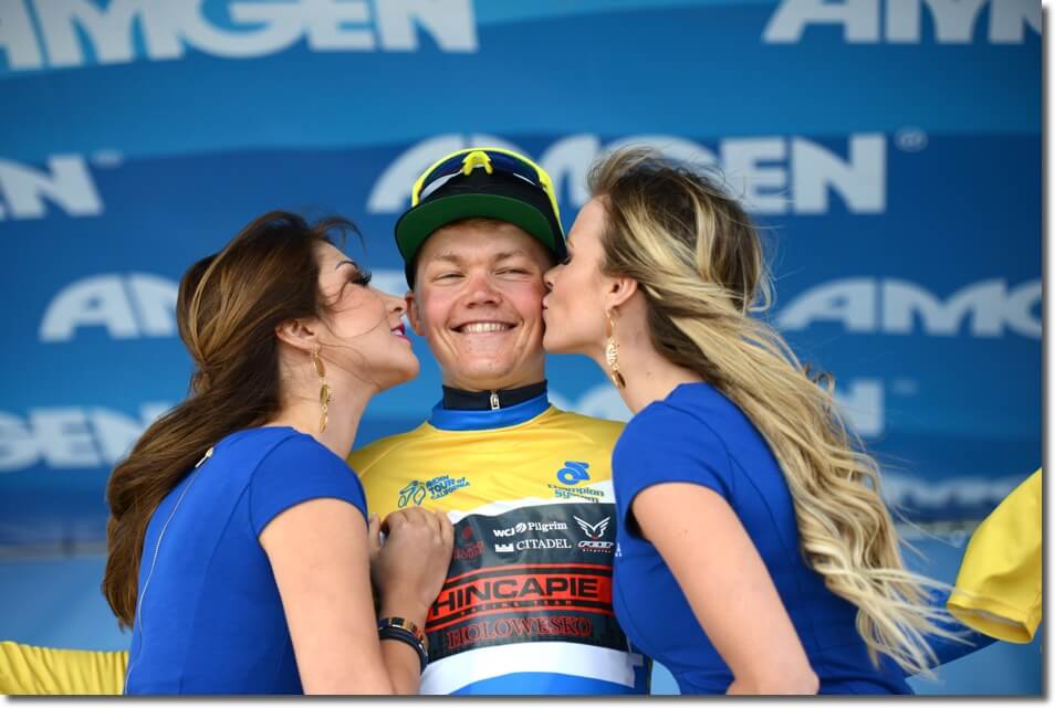 Picture of Toms Skujins wearing a leader's jersey during the Tour of California in 2015.
