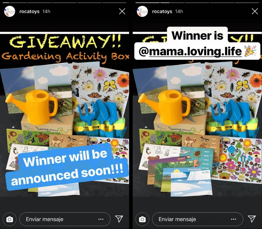 communication about giveaway on instagram stories