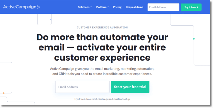 Screenshot of the Active Campaign website. The main title reads: "Do more than automate your email - activate your entire customer experience."