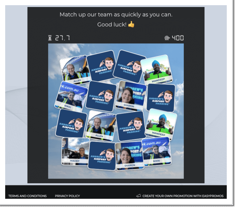 Screenshot of Andrew's Airport Parking branded Memory game. Pictures of employees in the game 