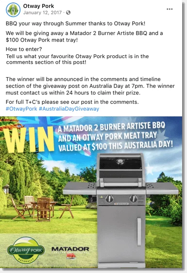 Screenshot of an Australia Day giveaway organized on Facebook by Otway Pork