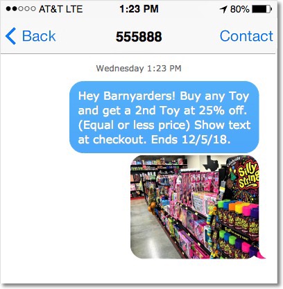 Screenshot of mobile phone with friendly text message offer from Barnyard.