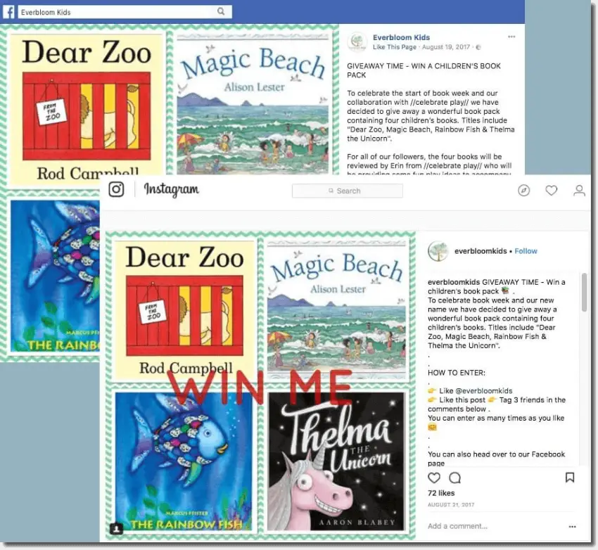 The image shows identical posts on Facebook and Instagram. A set of 4 children's books is available to win.