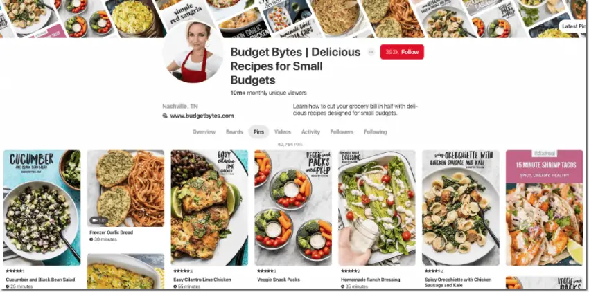 Screenshot of the Budget Bytes Pinterest page. All of the posts are in a distinctive house style, with an instantly recognizable font and layout.