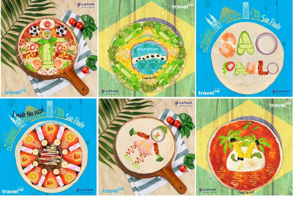 Examples of entries from the TravelUp Scenes contest, including pizzas designed to look like the Brazilian flag, a tropical island, or the famous statue of Christ the Redeemer.