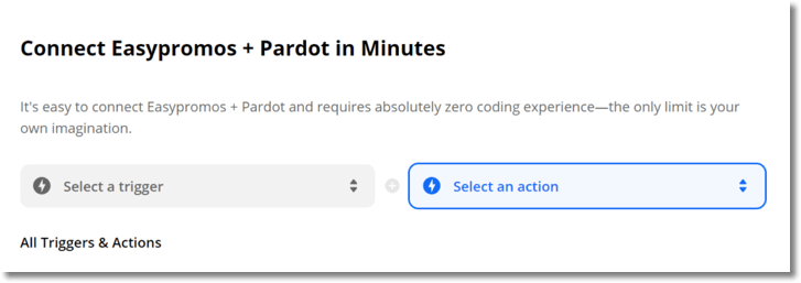 Screenshot from Zapier. The website reads: "Connect Easypromos and Pardot in minutes... select a trigger. Select an action."