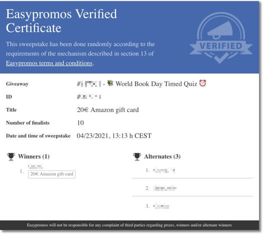 Easypromos certificate of validity