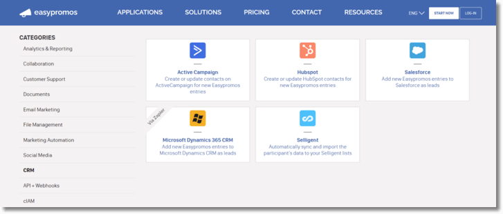 Screenshot of the Easypromos integrations page. You can select apps to integrate from 11 different categories.
