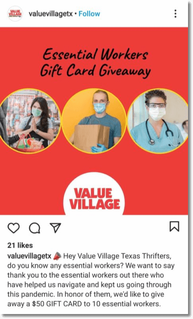 Screenshot of an Instagram giveaway from Value Village. The brand asks users to nominate essential workers to win 1 of 10 $50 gift cards.