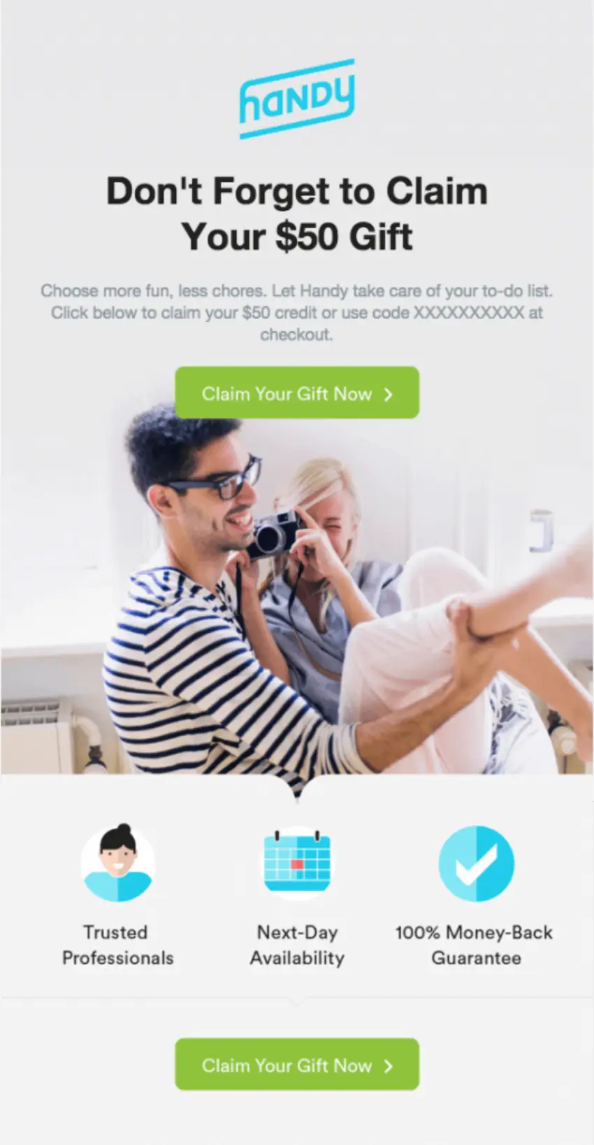 Example of a reminder for a giveaway with email marketing. The title text reads, "Don't forget to claim your $50 gift". The CTA button reads "Claim your gift now".