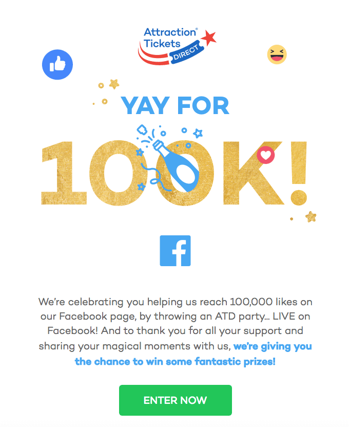 Example of announcing a giveaway with email marketing. The title text reads, "Yay for 100k!" The email ends with a large green button, marked "enter now".