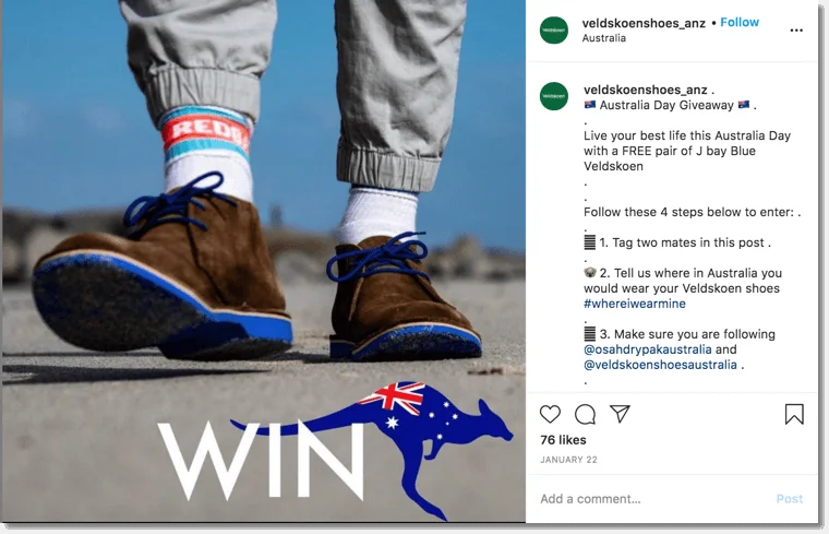 Australia Day giveaway. Screenshot of an instagram giveaway organized for Australia day by Veldskoen Shoes