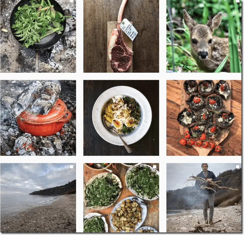 Screenshot of Gill Meller's Instagram grid, showing outdoor cooking, wild animals, landscapes, and the chef gathering firewood.