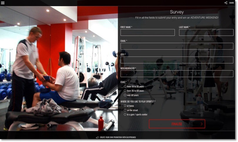 Screenshot of a gym survey. Questions include location, neighbourhood, age, and preferred workout space.