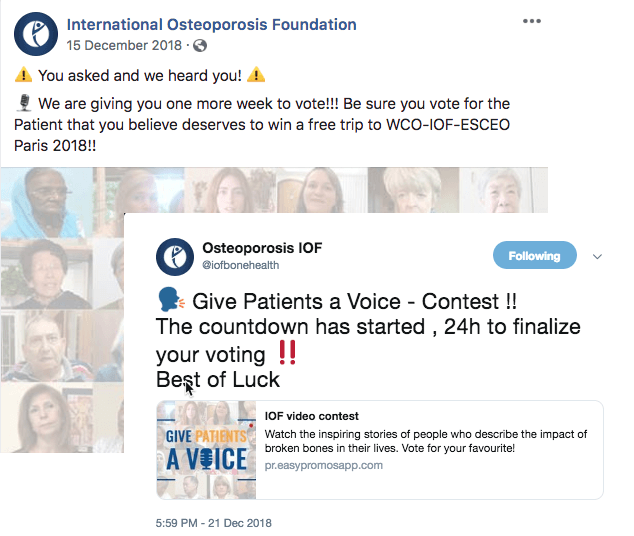 Images of IOF video contest posts on Facebook and Twitter