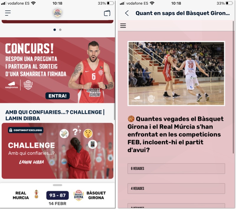 Increase app downloads in app promotion, example from a mobile application from Basquet Girona