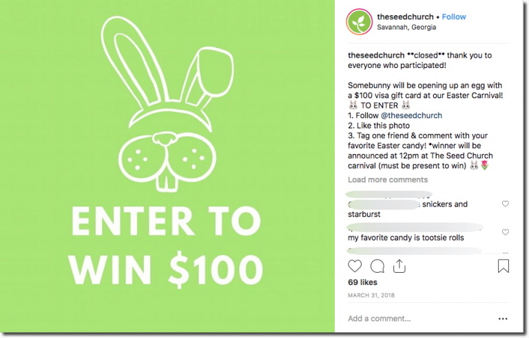 Example of an Easter giveaway on Instagram. The image is pale green, with a white silhouette of a rabbit's face and the text "Enter to win $100".