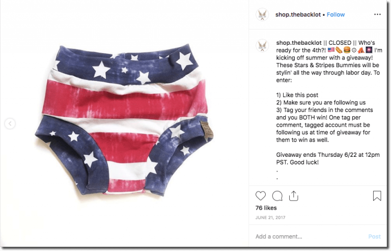 Screenshot of an Independence Day giveaway on Instagram. The image shows a pair of baby's pants in red, white, and blue. The caption invites users to like, follow, comment and tag for the chance to win.
