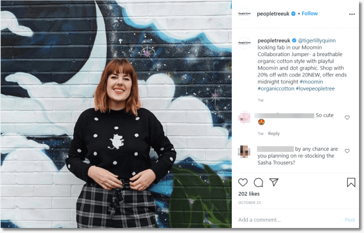 Screenshot of an Instagram post from fashion brand People Tree. The image is a photo originally posted by an Instagram influencer, showing some of People Tree's products.