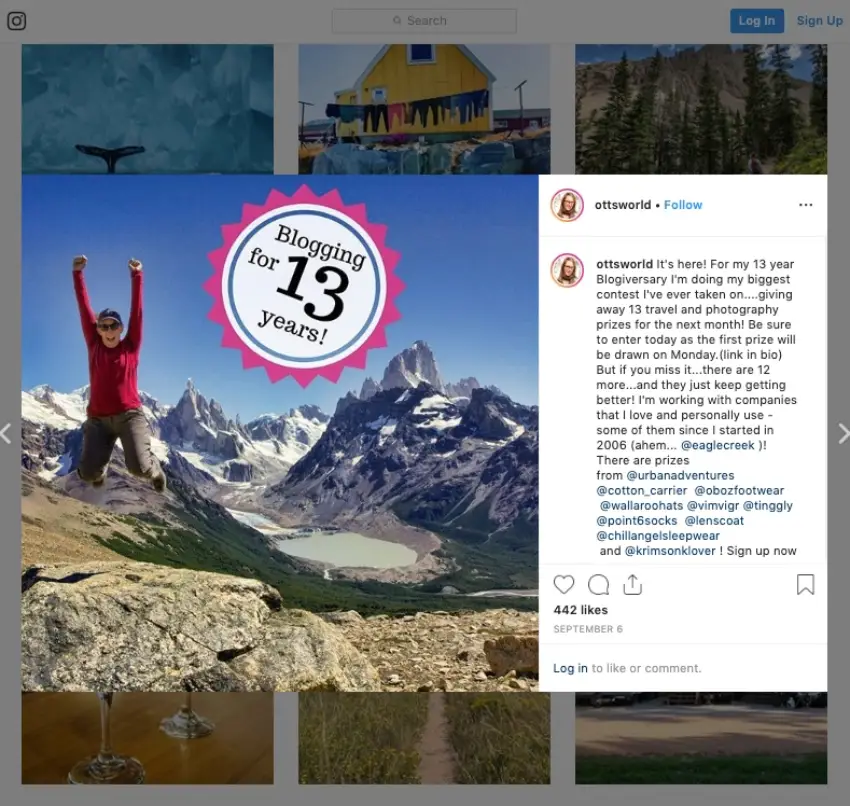 Travel blog giveaways on Instagram