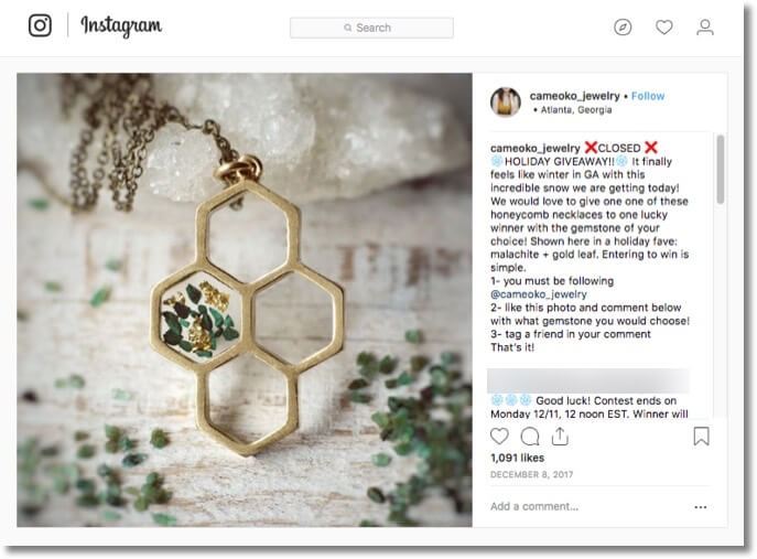 Instagram winter giveaway jewellery