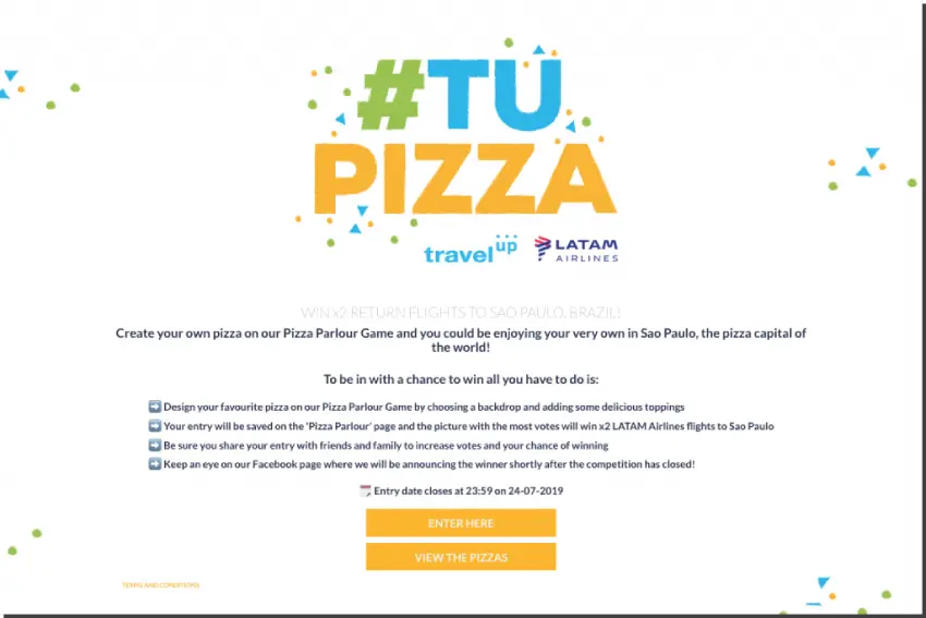 Landing page of the TravelUp Scenes contest, titled "Tu Pizza". Users design a pizza and collect votes to win flights to Sao Paulo.