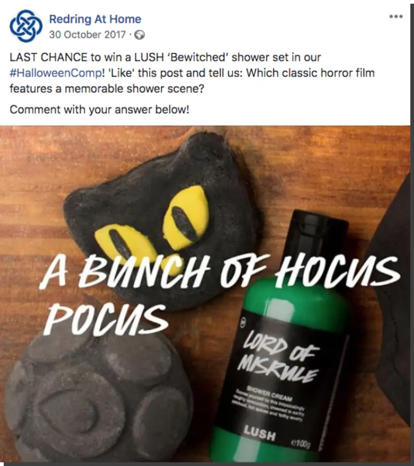 halloween giveaway ideas: Example of a Halloween giveaway on social media: this Facebook post shows a bundle of Halloween goodies from Lush.