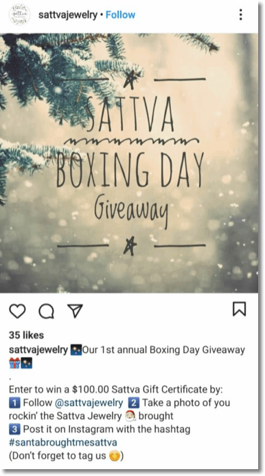 Screenshot of a Boxing Day giveaway on Instagram. Users can win a $100 gift certificate by posting a photo of themselves wearing the brand's jewelry.