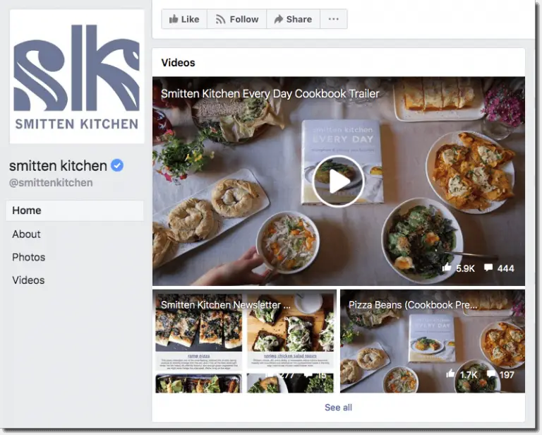 Screenshot of the Smitten Kitchen Facebook page. It features a range of videos, including a trailer to promote a recipe book, a newsletter update, and a recipe for pizza beans.
