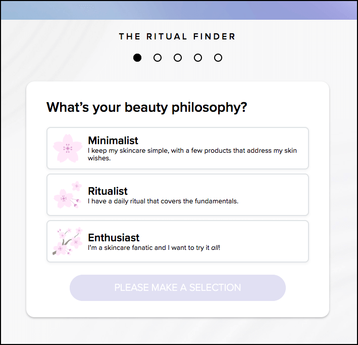 Screenshot of the Tatcha beauty quiz product recommender. The first question asks customers whether they are "minimalists", "ritualists", or "enthusiasts" about skincare.