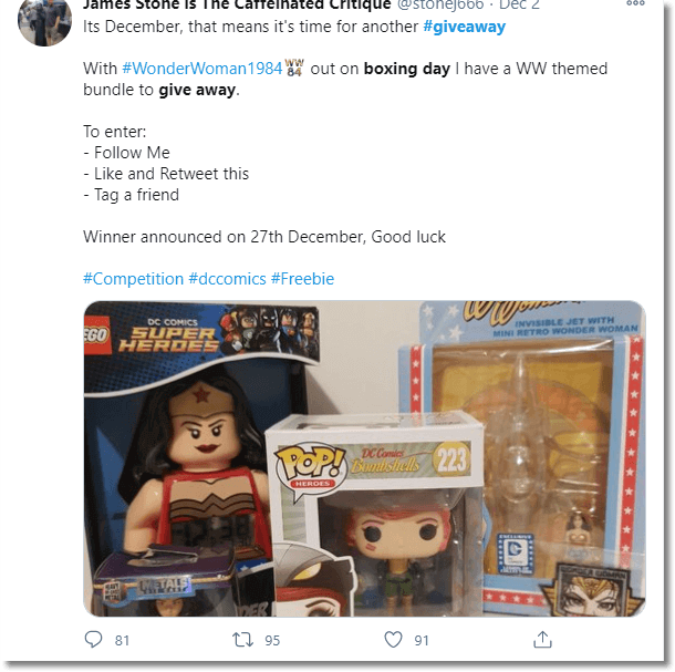 Screenshot of a Twitter giveaway: a box of Wonder Woman themed gifts. Users are asked to follow, like, retweet and tag a friend to enter.