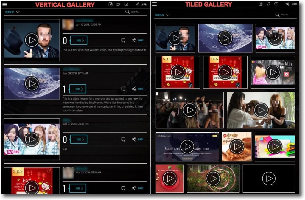Vertical and tiled gallery of video contests created with Easypromos