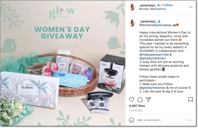 Instagram giveaway dos and don'ts: example of a women's day giveaway showcasing the prize