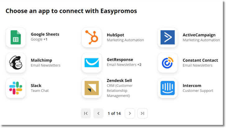 Some of the apps available to connect with Easypromos via Zapier: Google Sheets, HubSpot, MailChimp, Slack and others. Zapier lists 14 pages of apps available.