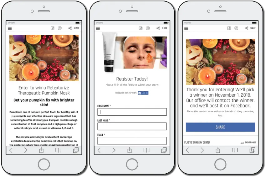 Another example of a World Health Day giveaway. The image shows 3 mobile screenshots. The first screenshot has a bright photo of candles, autumn fruits, and pumpkins. The title reads: "Enter to win a retexturize therapeutic pumpkin mask". The second screen shows a woman applying the mask, and a registration form for users' names and email addresses. The third screenshot thanks users for entering, and tells them to check Facebook on November 1st for the giveaway results.