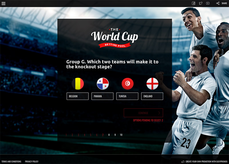 Example of an online soccer betting pool. The background image shows three men in white soccer uniforms celebrating in a stadium. The quiz question reads, "Group G. Which two teams will make it to the knockout stage". Possible answers: Belgium, Panama, Tunisia and England.