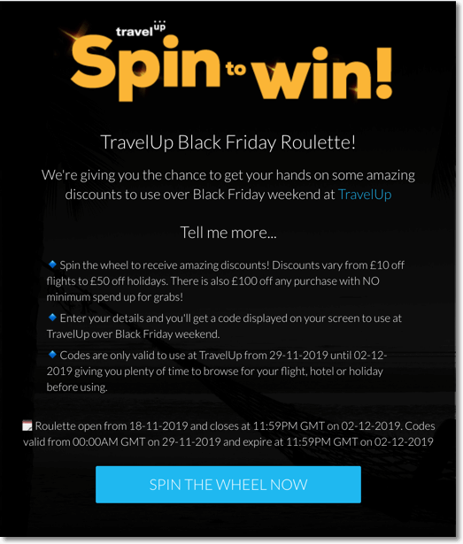 branded prize wheel promotion example from travelup, black friday wheel