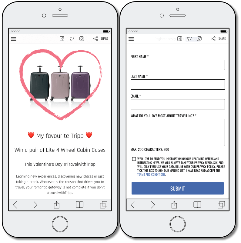 Example of a giveaway promotion. In exchange for name, email address, and reason for travel, this luggage brand is giving away a pair of suitcases for Valentine's Day.