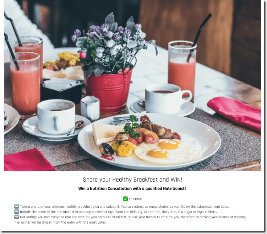 World Health Day campaign ideas: a photo contest. The image shows a full English breakfast, attractively laid out on a table with flowers. The title text reads, "Share your healthy breakfast and win a nutrition consultation with a qualified nutritionist".