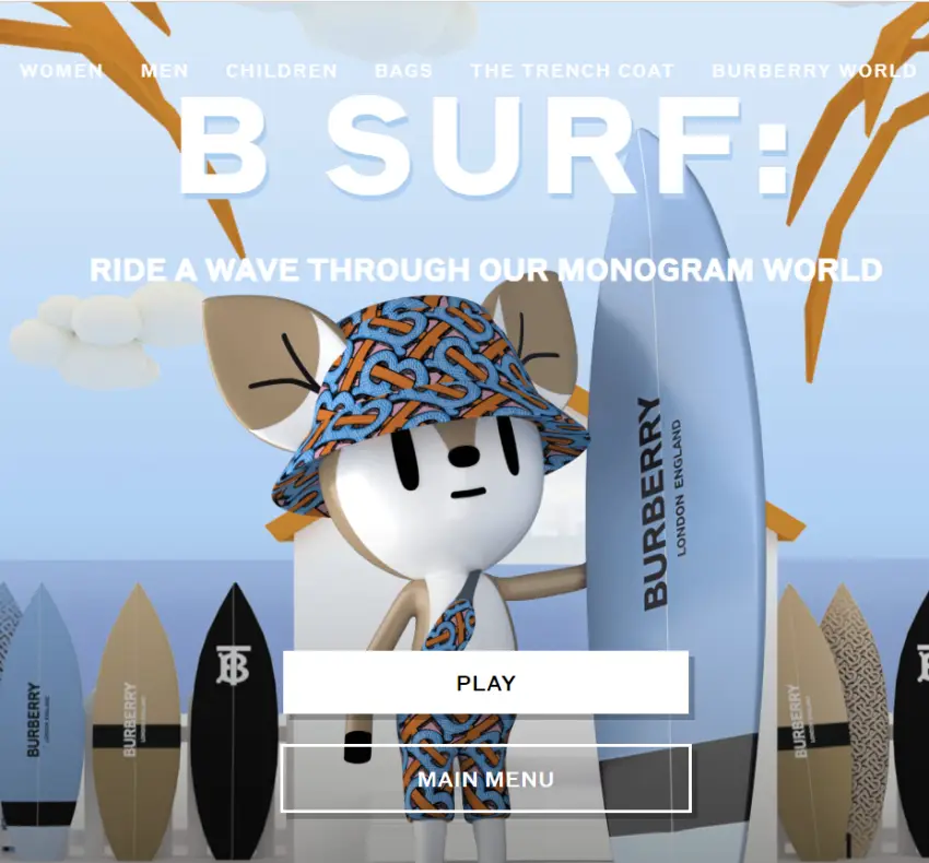 Screenshot of the Burberry B-Surf platform game, with the tagline "ride a wave through our monogram world". The image shows a cartoon animal in Burberry gear with a surfboard. Users can click "play" or "main menu".