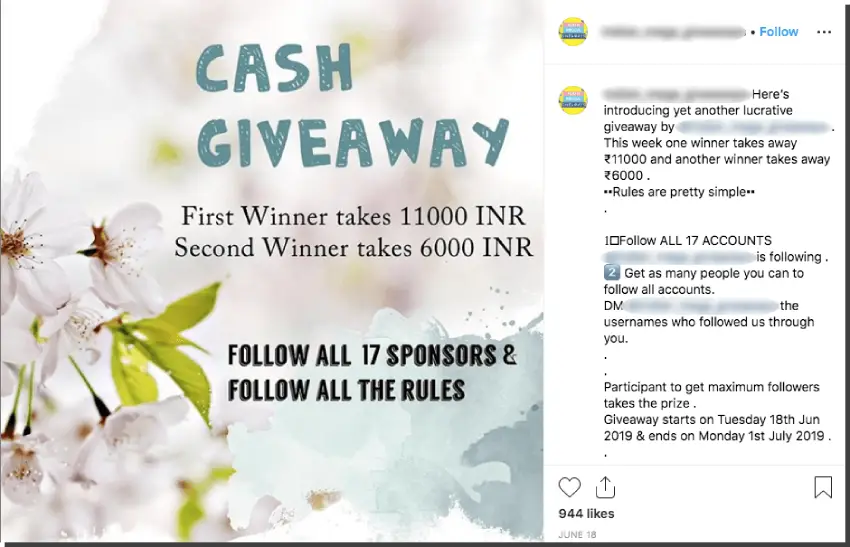 Screenshot of a cash giveaway on Instagram. Winners are promised up to 11,000 Indian rupees. Users have to follow 17 different accounts and recruit all their friends.