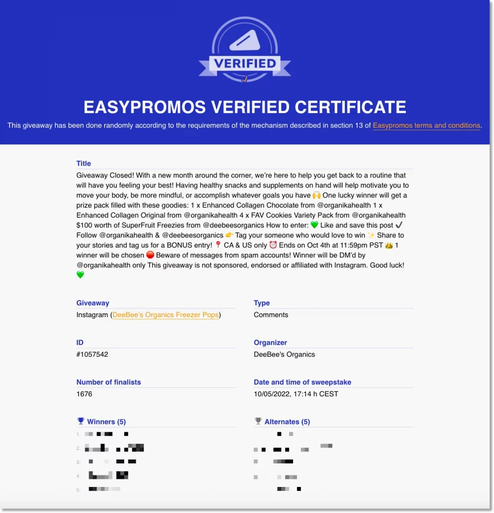 certificate of validity generate by easypromos