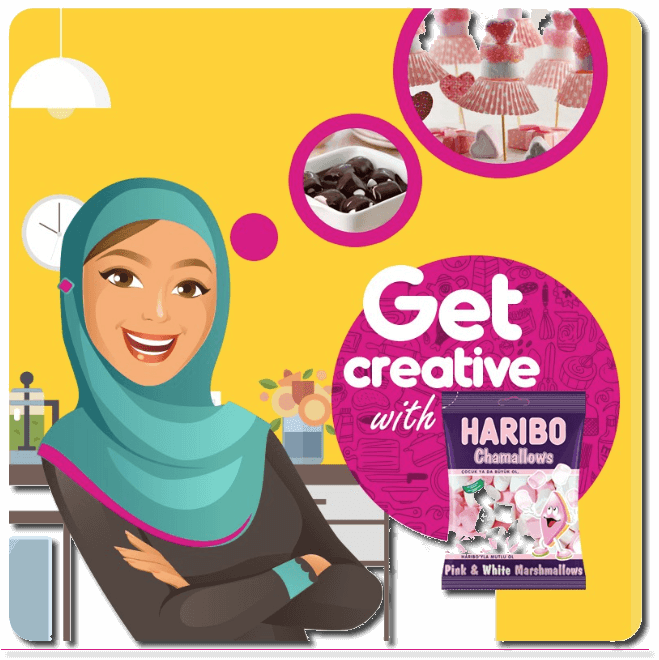 The image shows a smiling, cartoon woman in hijab standing in a kitchen. Thought bubbles floating above her head show chocolate and marshmallow treats. The main text reads: "Get creative with Haribo Chamallows".