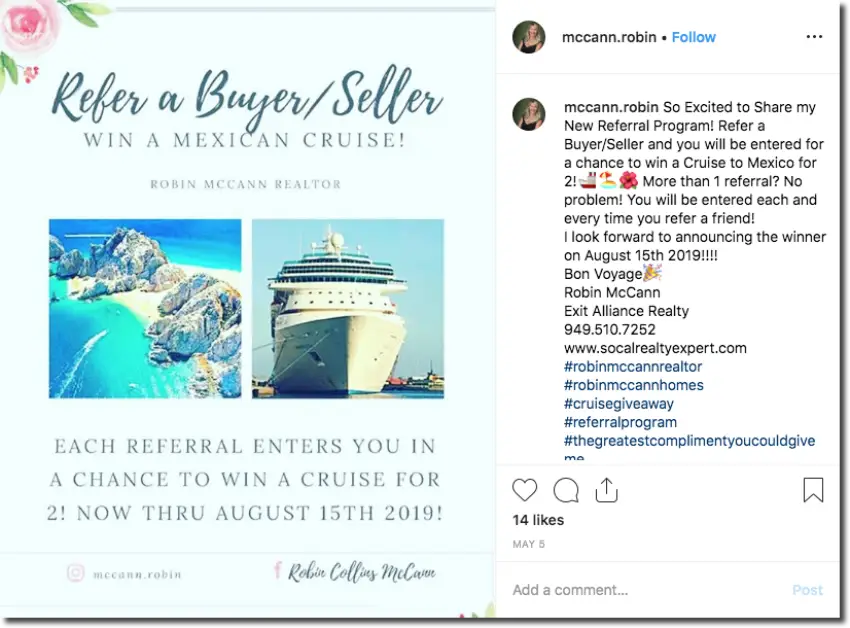 Screenshot of an Instagram giveaway to promote a cruise. The image shows a cruise ship and an isolated island beach. The caption explains that users join the prize draw when they refer a friend.